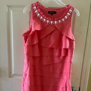 NWT S. L. Fashions Peach layered ruffles dress white beaded neck line dr…